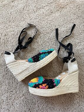 Manebi Yuketan Platform Espadrille Wedge Crochet Tie-Ankle Sandal 38